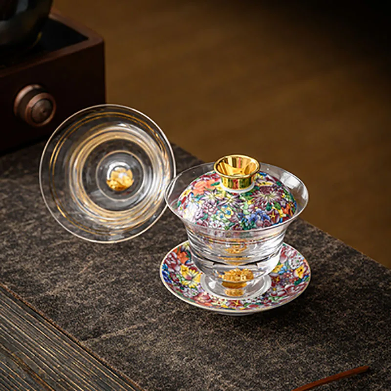 Anti-scald Thickened Glass Tureen, Tea Cover Bowl with Lid, Sancai Gaiwan, Hand Painted Shining Cover Bowl, Chinese Kungfu Tea