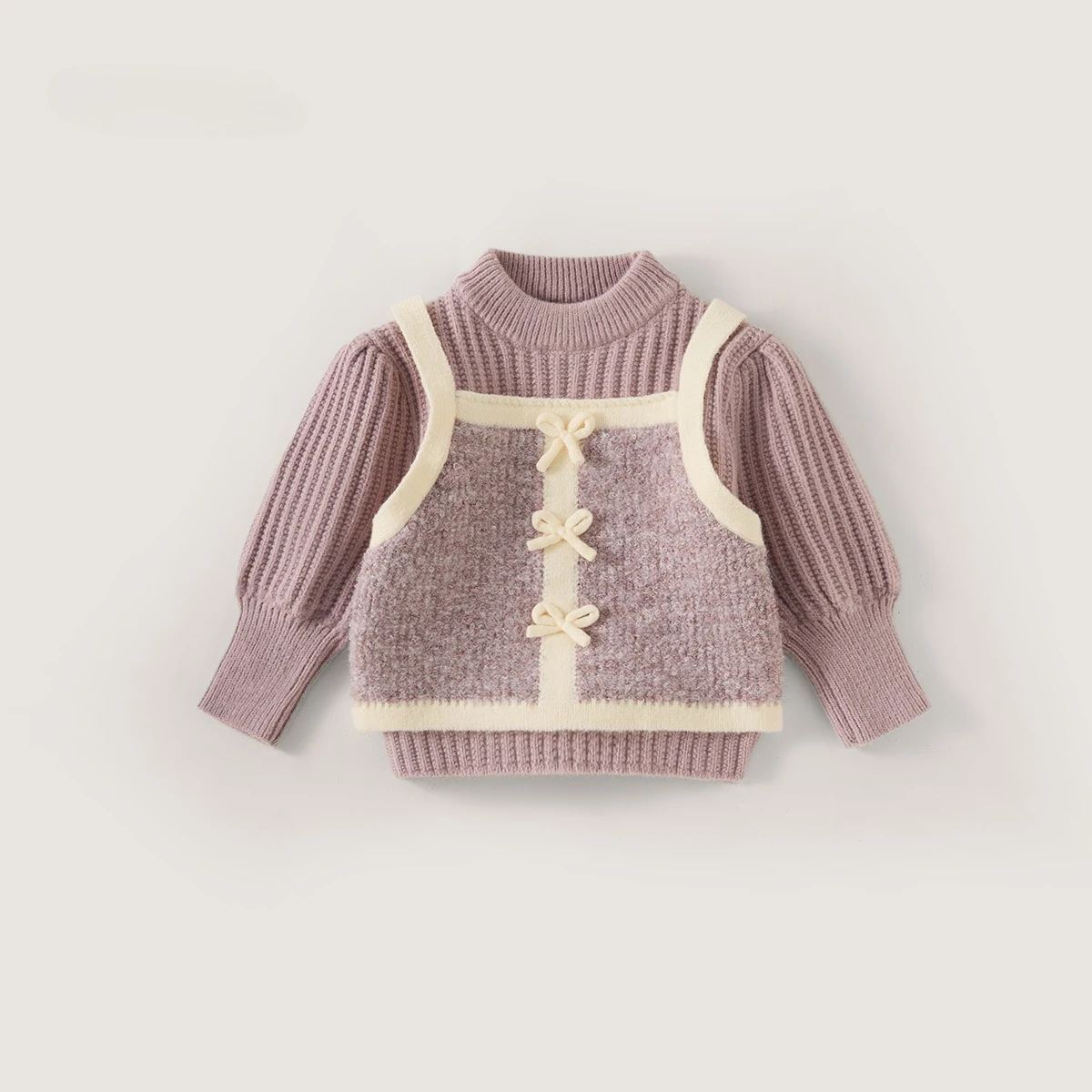 Winter Korean‑Style Girls Lavender Fake‑Two‑Piece Knit Sweater Bow Decor Puff Sleeve Pullover, Sweet Top for Baby Girls