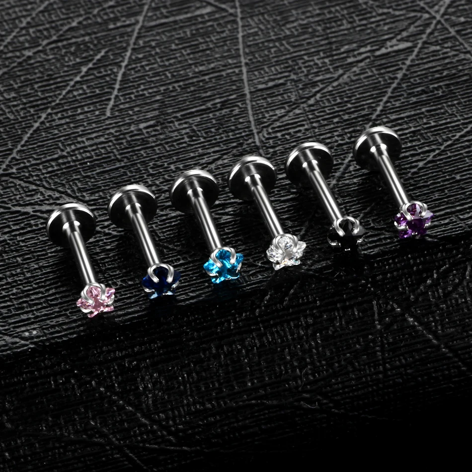 1PC 16G Stainless Steel Labret Piercing Internal Thread Helix Tragus Stud Earring CZ Gem Cartilage Lip Piercing Jewelry Women