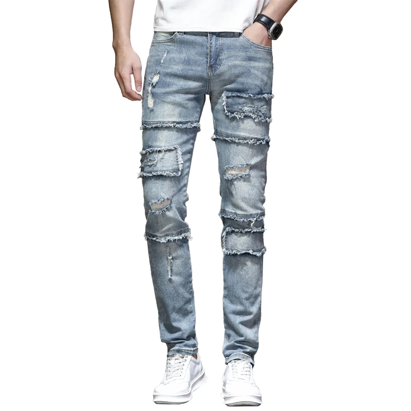 2024neue Retro Distressed Ripped Jeans Herren Patch Stretch Slim Fit Nähte gerade nostalgische High Street Motorrad hose