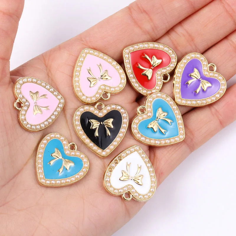 10Pcs Colourful Enamel Drip Oil Heart Pendant Elegant Pearl Bow Earrings Necklace Bracelet Accessories DIY Charm Pandora Jewelry