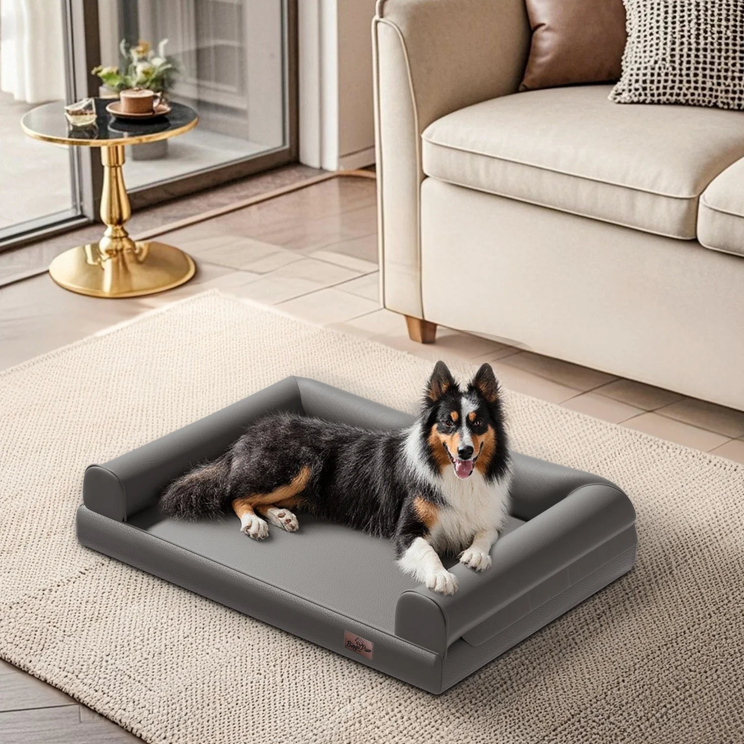 qz- Indoor Orthopedic Dog Bed with Supportive Base Bolster Pillow Pet Lounge Bed Sofa Microfiber Leather Cover for All Breed@