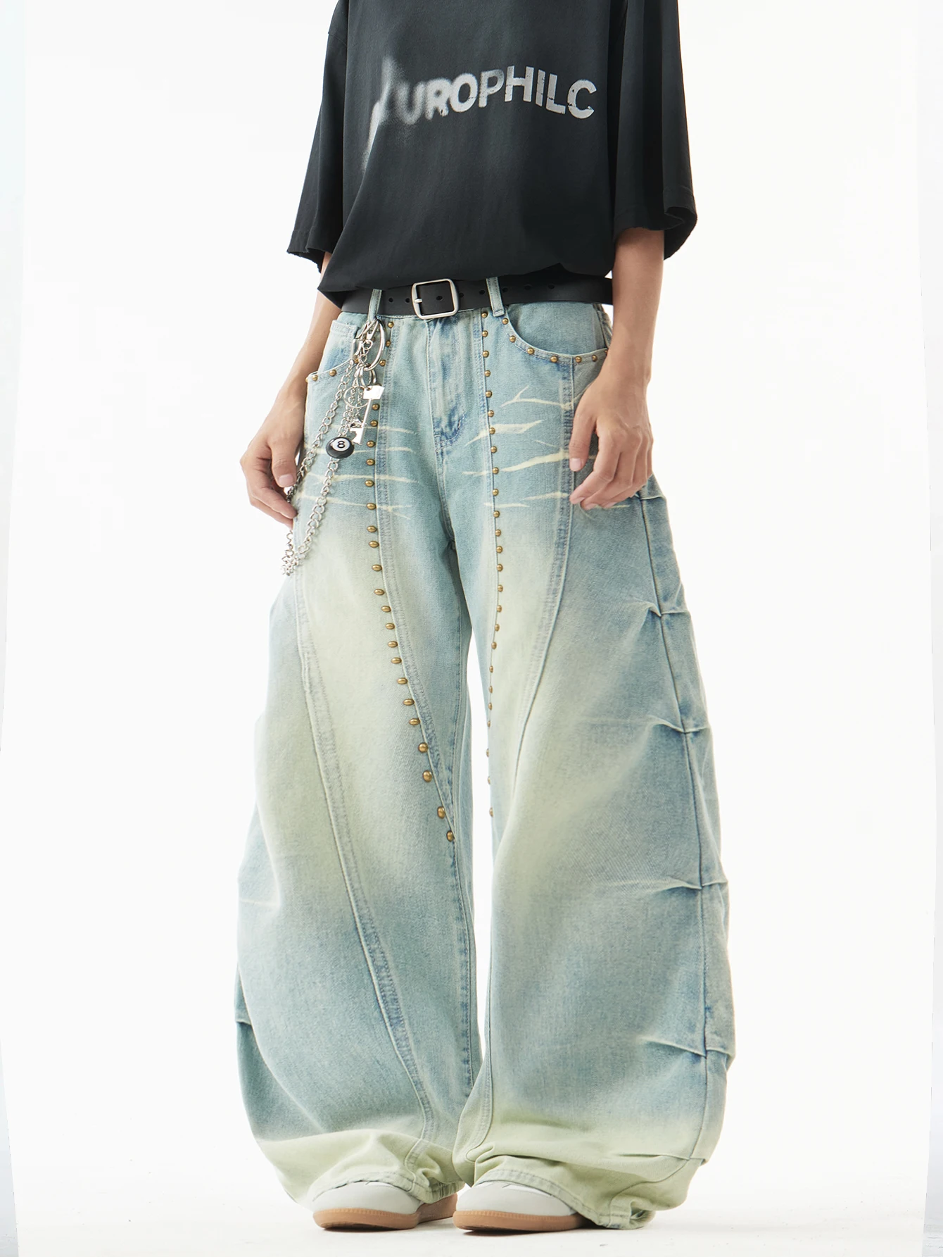 Men's Y2K Streetwear Jeans, Vintage Beaded Pleated Baggy Wide Pants For Men, High-Street Loose-Fitting Casual Denim Trousers