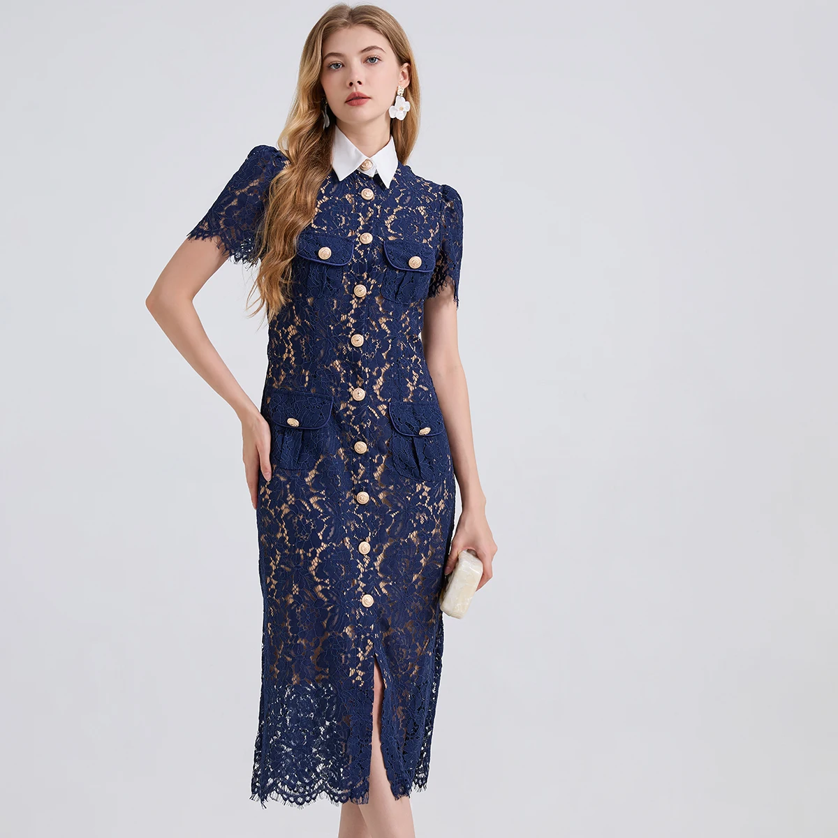 

Luxury Formal Evening Lace Dress 2025 Women Summer Hollow Out Metal Buttons Short Sleeve Lace Embroidery Split Bodycon Vestidos