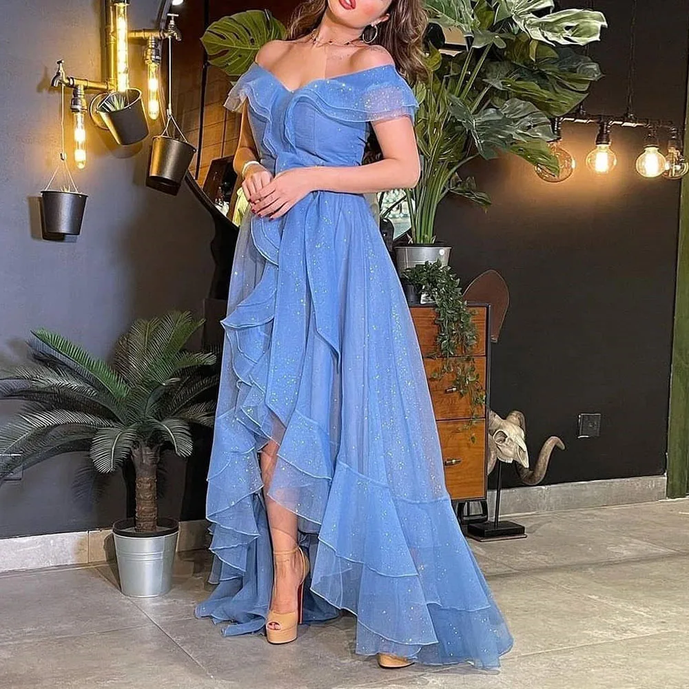 

Light Royal Blue High Low Prom Dresses Short Sleeves Asymmetry Ruffles Evening Formal Gowns Arabic Robe De Soiree 2024