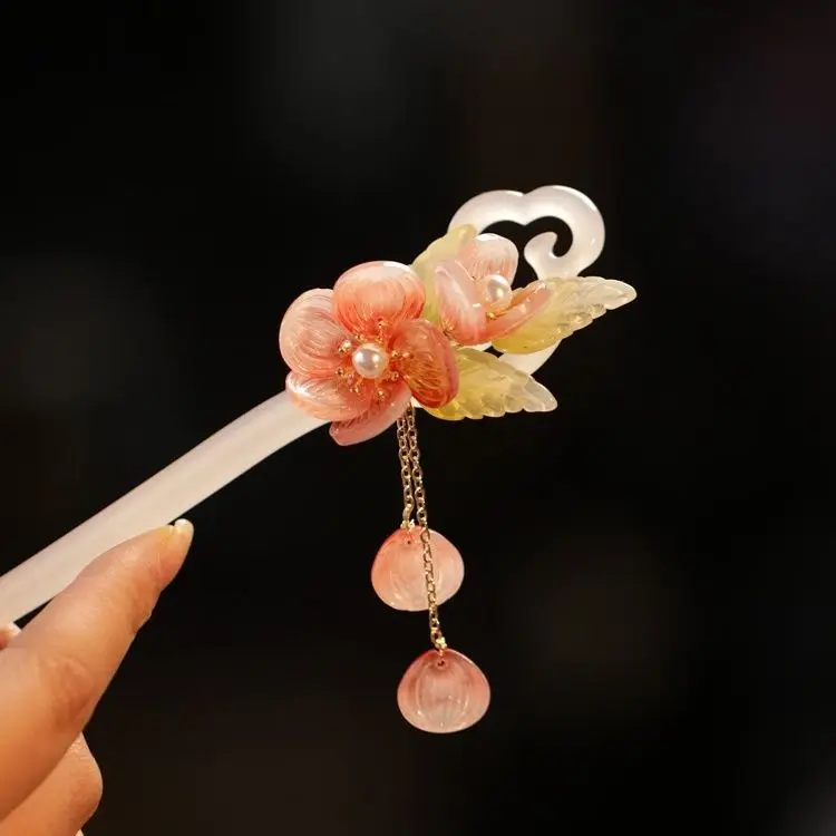 Chinese Style Lucky Auspicious Acetate Glaze Flower Hairpin Cloud Tassel Pearl Hair Stick For Hanfu Cosplay Party Daily Wear Vin