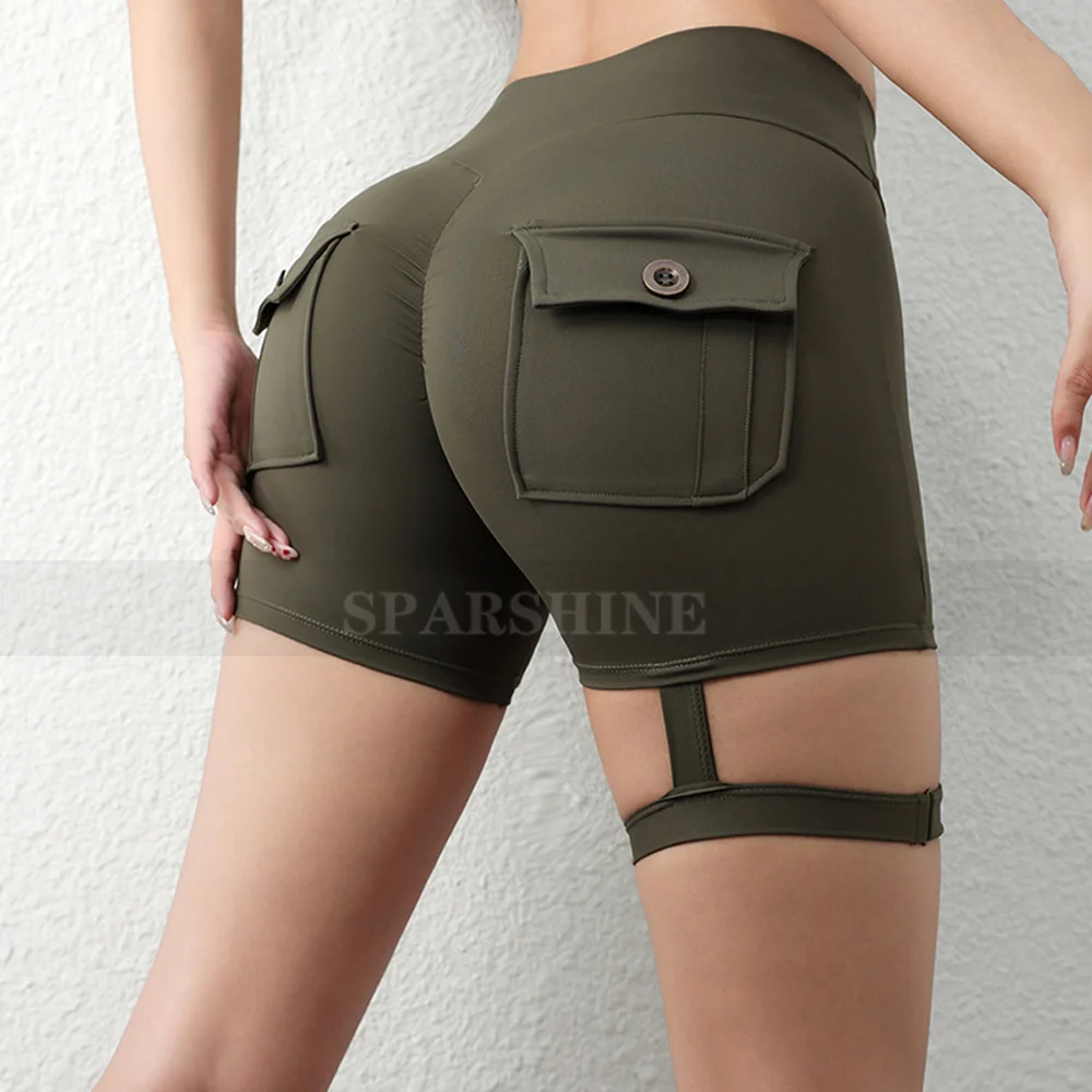 American Workwear Pocket Butt-Lifting Fitness Shorts Women's Tight Leg Hoop Sports Pants Ladies Stylish Peach Hip Yoga Trousers