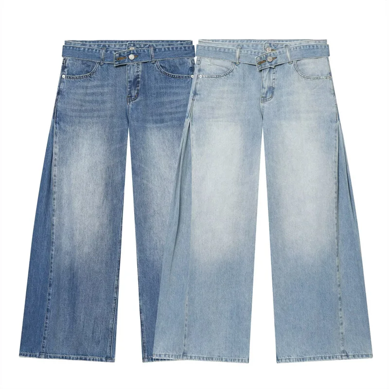 Withered Women's 2026 Summer New Product: Middle Waist Waist Belt Folded Casual Jeans Women's Jeans Women's Denim Pants Woman