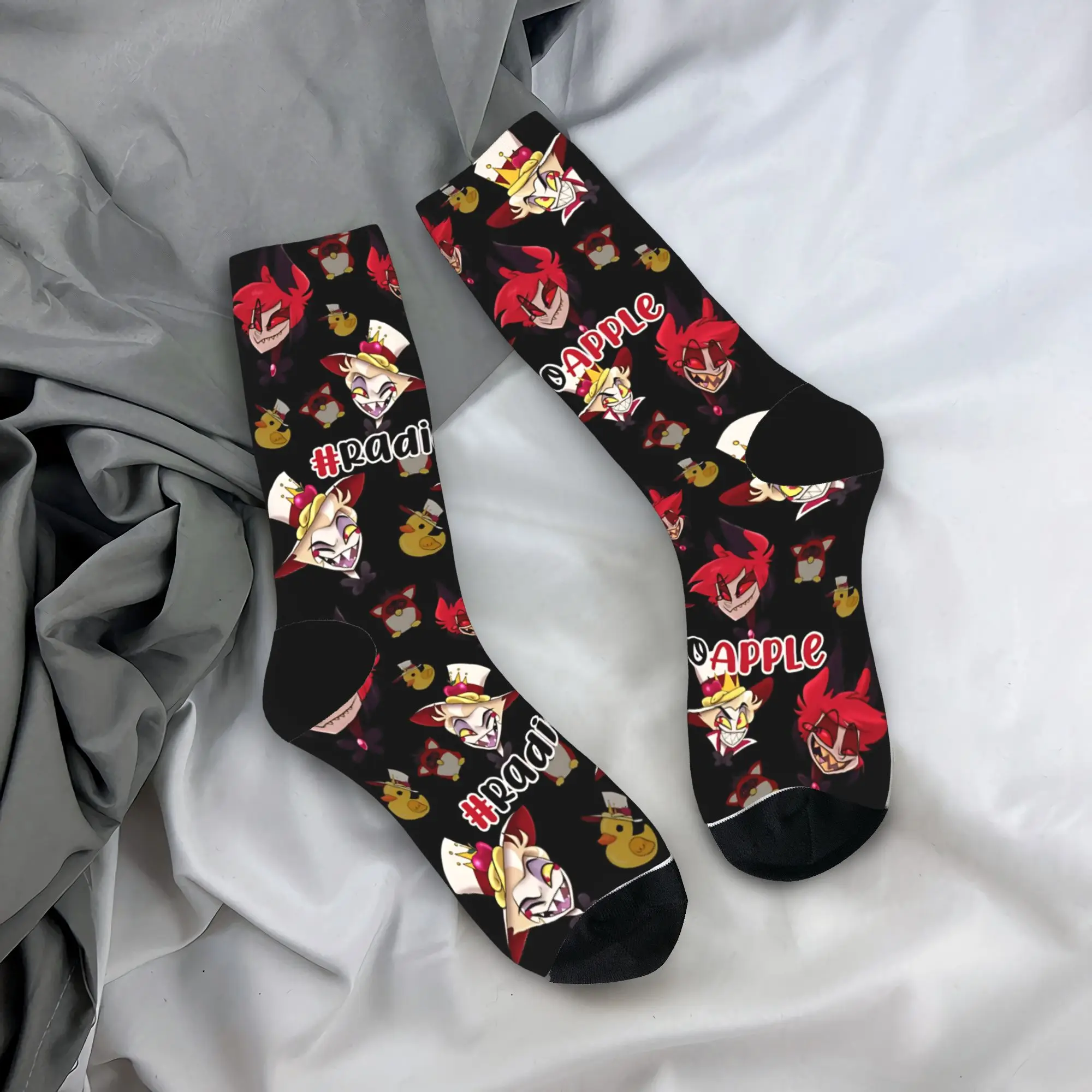 Autumn Winter Hip-hop Men's Women's Lucifer and Alastor Radio Hazbined Hotels Socks Black Comedy Breathable Middle Tube Socks
