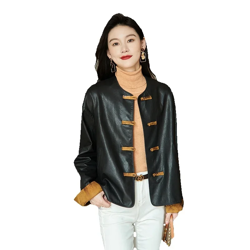 Chinese Style New Genuine Leather Jacket, Women's Short Silk Satin, Pure Silk, Fragrant Cloud Yarn, All Plant Tanned Cotton Shee