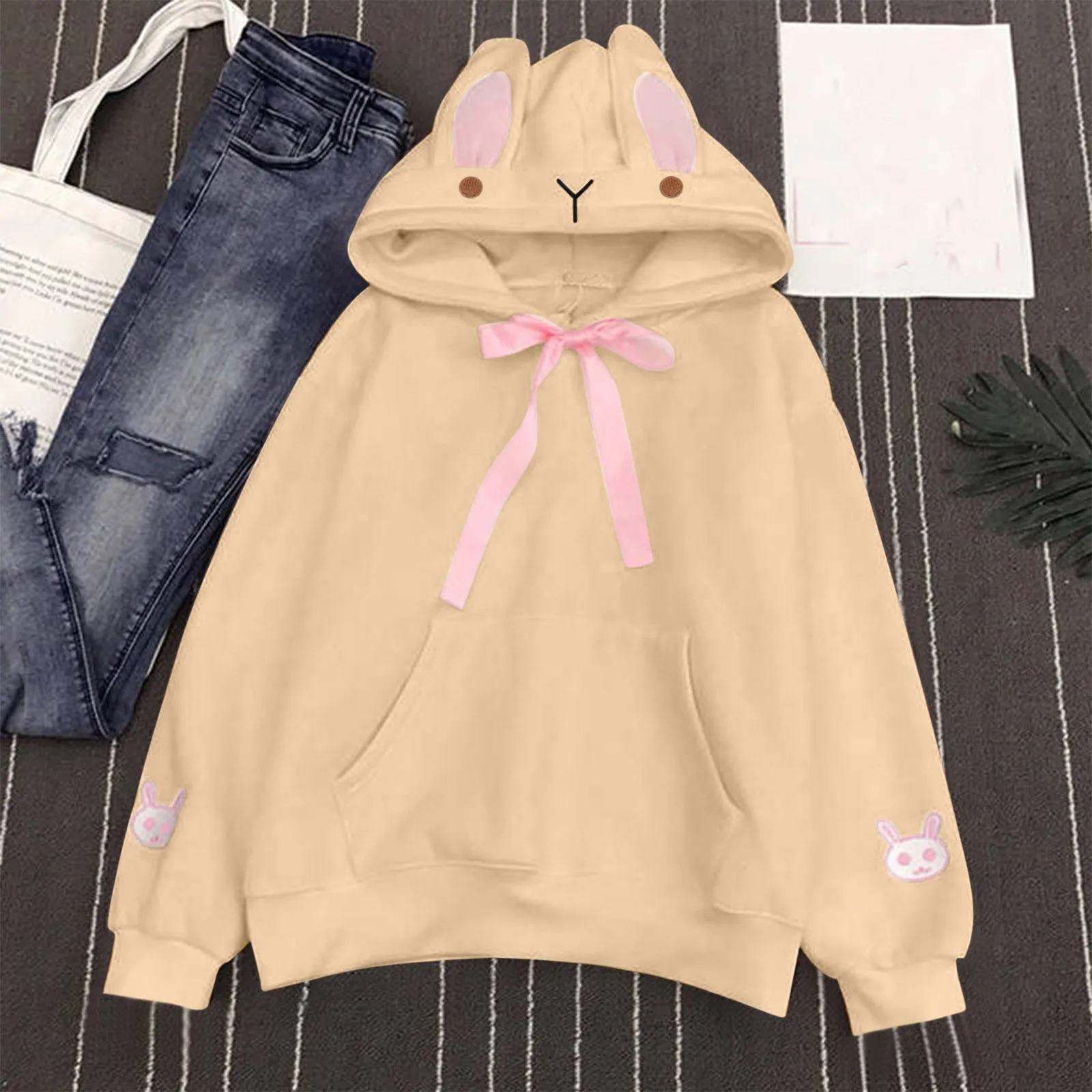 Women Rabbit Ears Sweatshirts Harajuku Bunny Hoodies With Ears Kawaii Clothes Girls Long Sleeve Oversized Tracksuit Jackets Tops