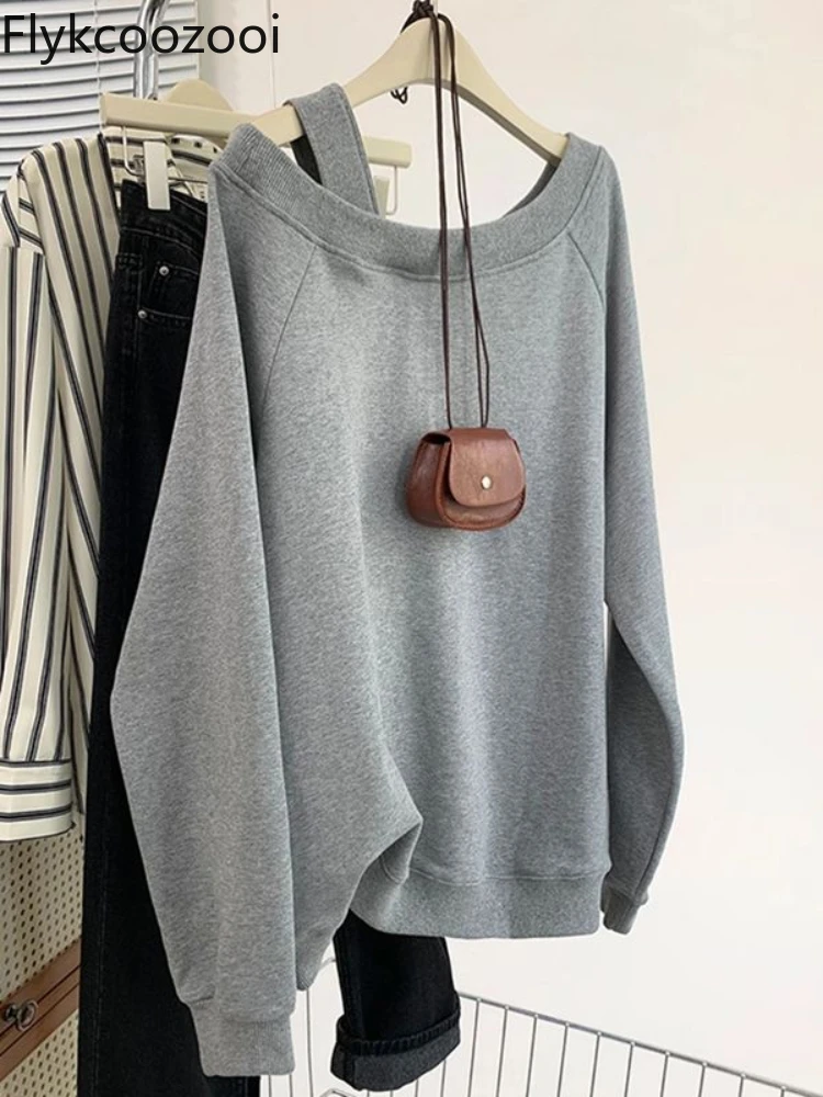 Grey Sexy Off-the-shoulder Design All-in-one Long-sleeved Tops 2024 Fall New Commuter Loose Female LOOSE FIT Sweatshirt Hoodie