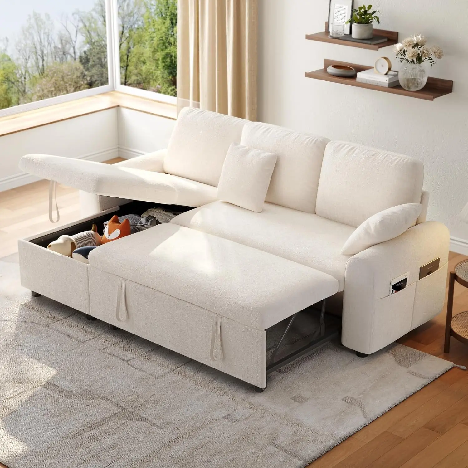 Sleeper Sofa, Pull Out Couch Bed with Storage Chaise, Sectional Sleeper Couch with Pull Out Bed & 2 Pillows, White L Shaped