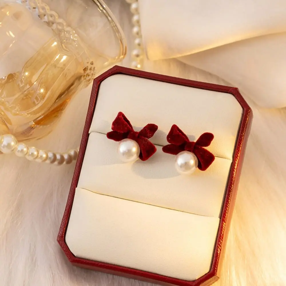 سبائك الزنك بورجوندي يتدفقون القوس أقراط مجوهرات حمراء القوس استرخى أقراط يتدفقون سلسلة شرابة طويلة هدية السنة الجديدة