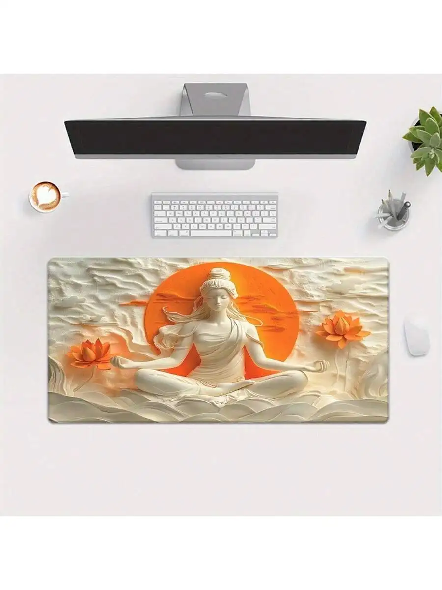 Buddha-Themed Art Mouse Pad Orange White Anti-Slip Rubber Base Smooth Surface For Gaming Office Desk Decor