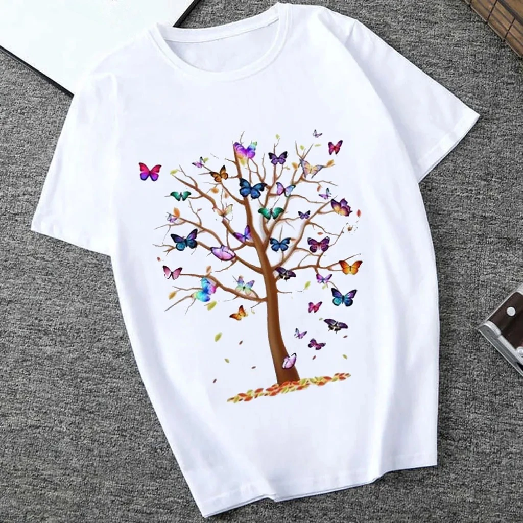 Women's Butterfly Tree Print Harajuku T-Shirt, Round Neck Top, Short Sleeve, Casual Summer Tee Shirt,Drop Ship