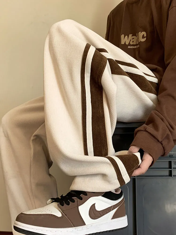 

Мужские спортивные брюки из вельвета в полоску в американском ретро-стиле, прямые повседневные брюки, молодежные широкие длинные брюки