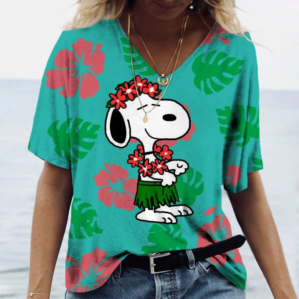 Vintage Women\'s T Shirt Snoopy cartoon print Tops Ladies Clothing V-neck Harajuku Pullover Summer Oversized Short Sleeve Tees