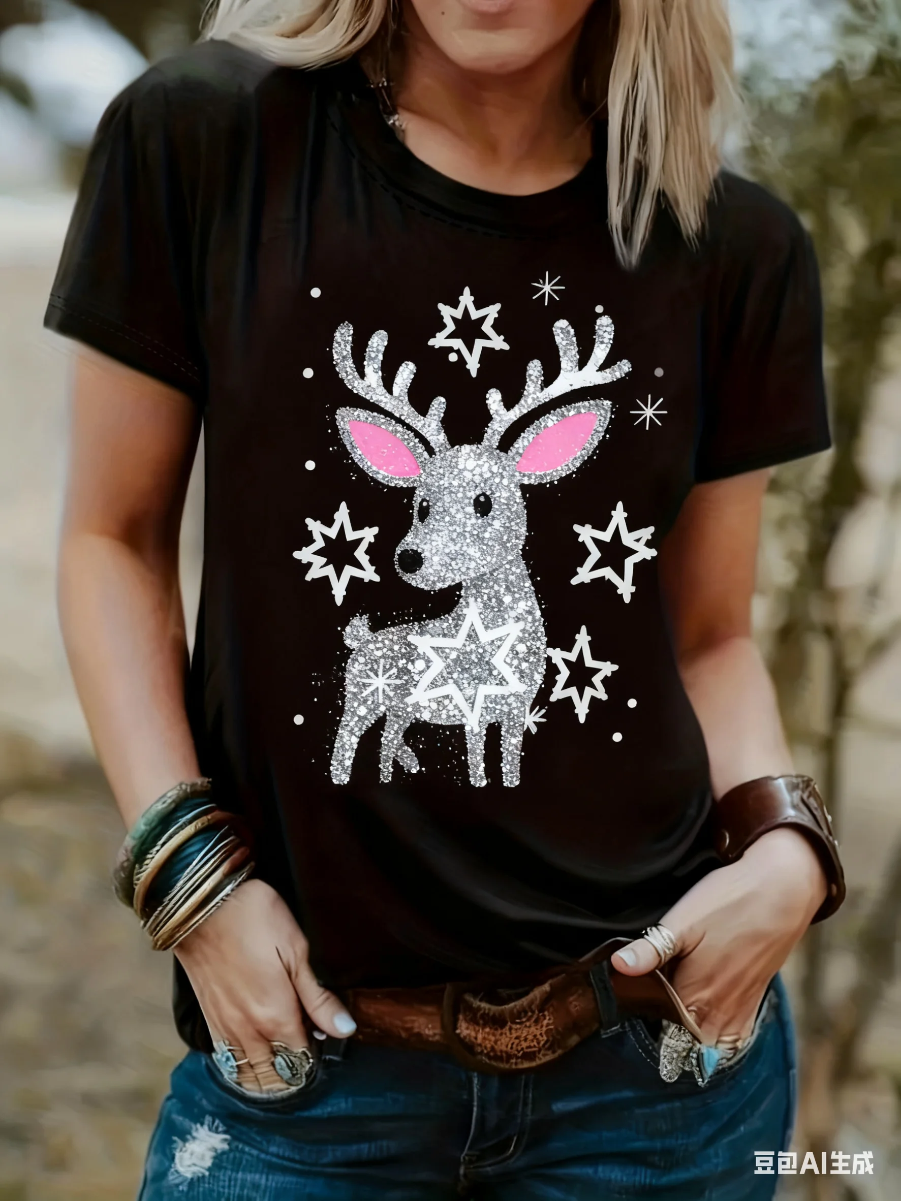 T-shirts imprimés père noël en 3D, à la mode, motif d'élan de noël, manches courtes, col rond, ample, haut pour fille, vêtements de noël pour femmes