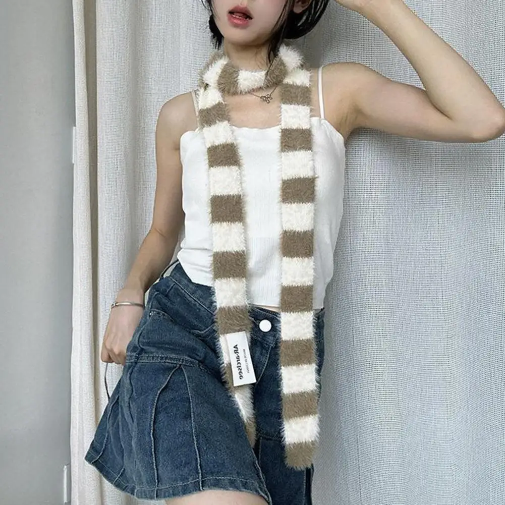 200cm Long Scarf Retro Style Color Block Long Scarf Thickened Imitation Mink Fur Fashion Accessory for Women Warm Thin Scarf 5cm