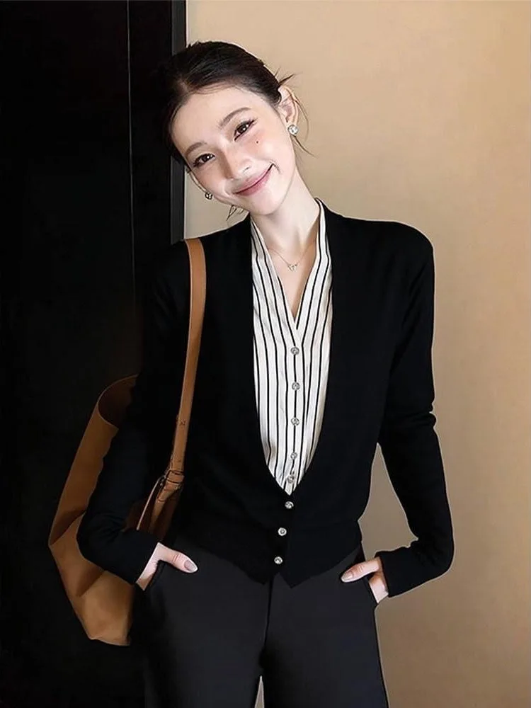 Korean Style Loose Fit Color Block Open Cardigan Slimming Versatile Outerwear T-Shirt for Women Summer Season Long Sleeve V-Neck