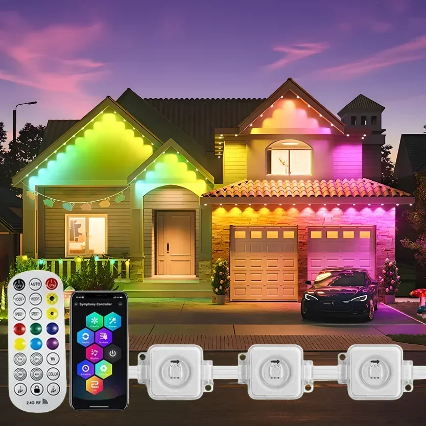 100FT 60LEDs Outdoor LED Eaves Light RGB Smart String Light Halloween Christmas Ambient Lighting APP with App Remote Control