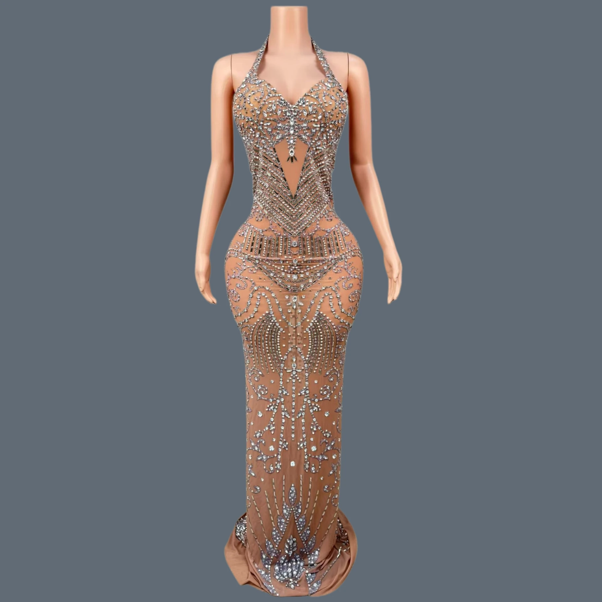 

Sparkly Attractive Rhinestone Sleeveless Evening Gown Women Sexy Mesh Celebrate Prom Birthday Dress Photo Shoot Wear Sanyecao