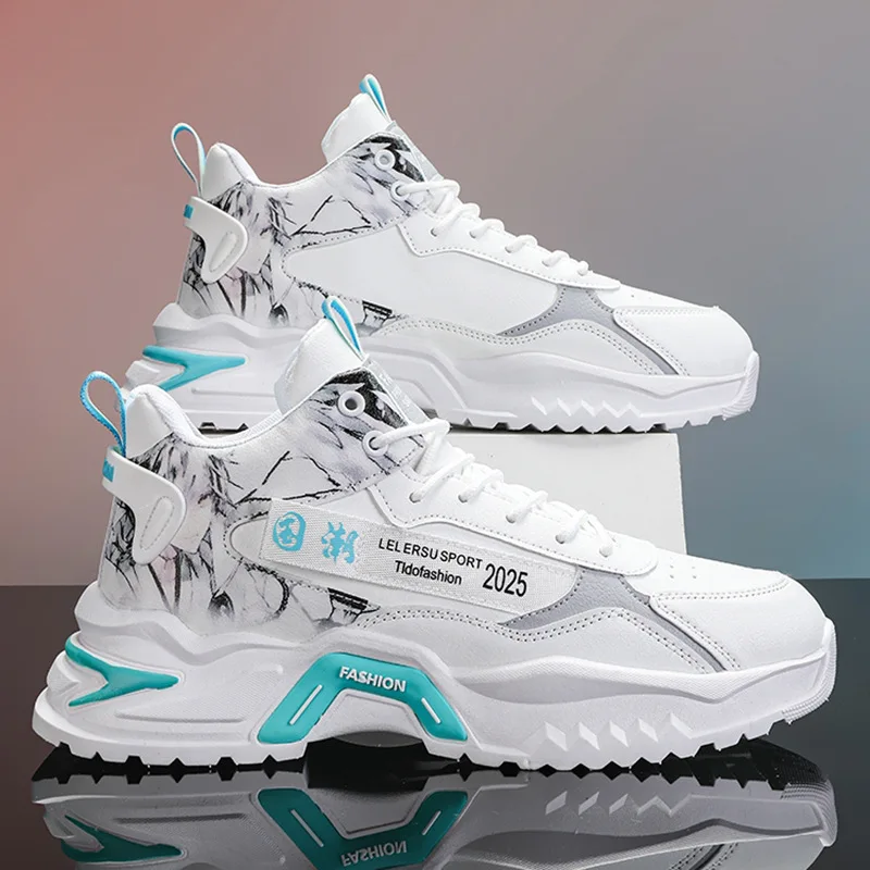 

Мужские спортивные кроссовки, белые Нескользящие кроссовки на толстой подошве, со шнуровкой, удобная повседневная обувь для бега, для студентов, 2024