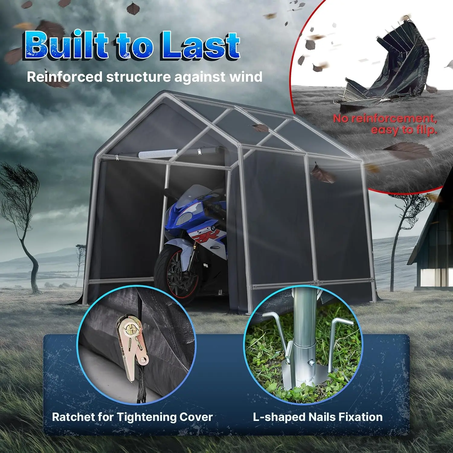 8x8 ft Portable Carport Shelter with Roll up Doors & Vents for Motorcycle ATV Anti-UV Waterproof, Customized view 5