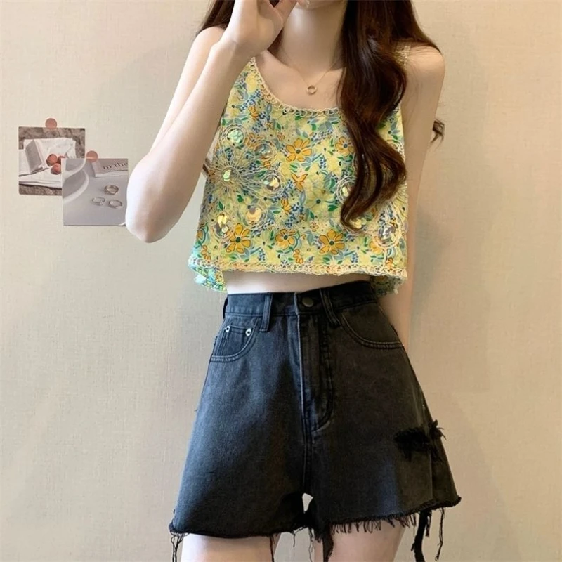 Retro geborduurd bloemen pailletten vest jarretel T-shirt voor dames in de zomer Veelzijdige korte top