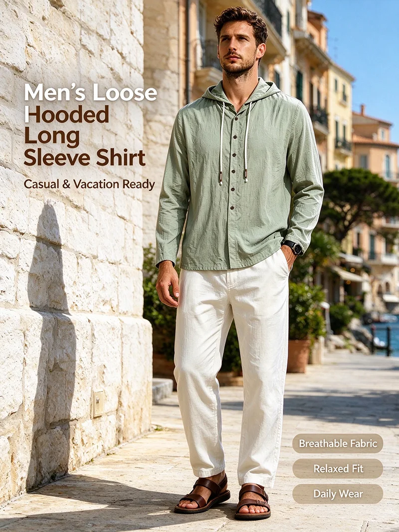 2026 Neues Herren-Leinenhemd mit Kapuze, langen Ärmeln, Kordelzug-Kapuze, lässig für Strand, Urlaub, Reisen, tägliche Spaziergänge, Button-Down-Bluse – Detail 1