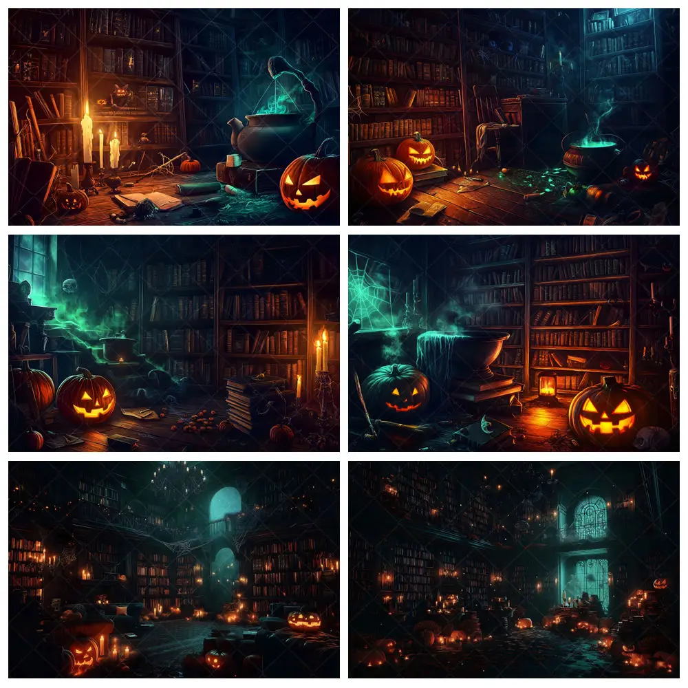 

Halloween Party Backdrop Decor Horror Library Pumpkin Lamp Magic Witch Cauldron Baby Portrait Photography Background Photozone