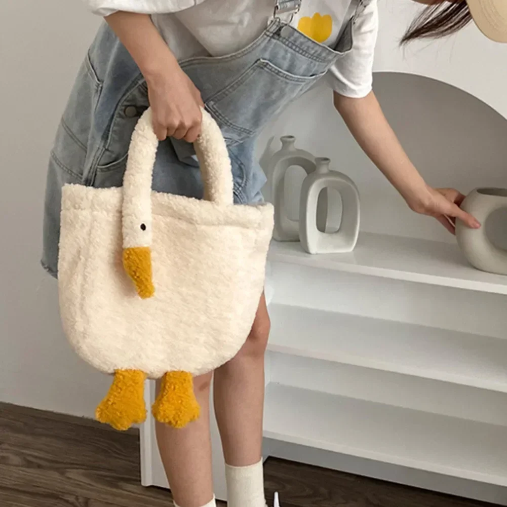 Kawaii Plush Goose Shape Handbag Women Winter Lambwool Crossbody Messenger Bag Girls Cute Shopping Tote Bag Ladies Shoulder Bag