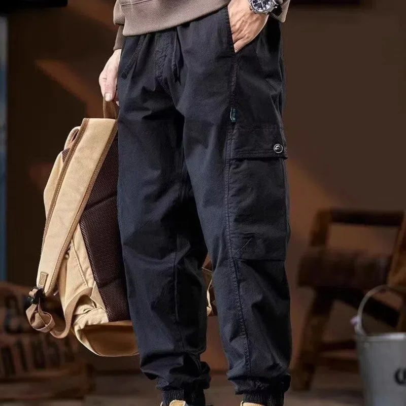 Drawstring Spring Autumn Solid Color Elastic High Waisted Casual Pockets Trousers Wide Leg Men's Clothing Cargo Bloomers Pants