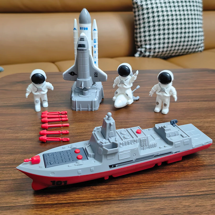 Children's aircraft carrier frigate toy, can be launched, space rocket launch pad, can launch rockets, 3 astronauts