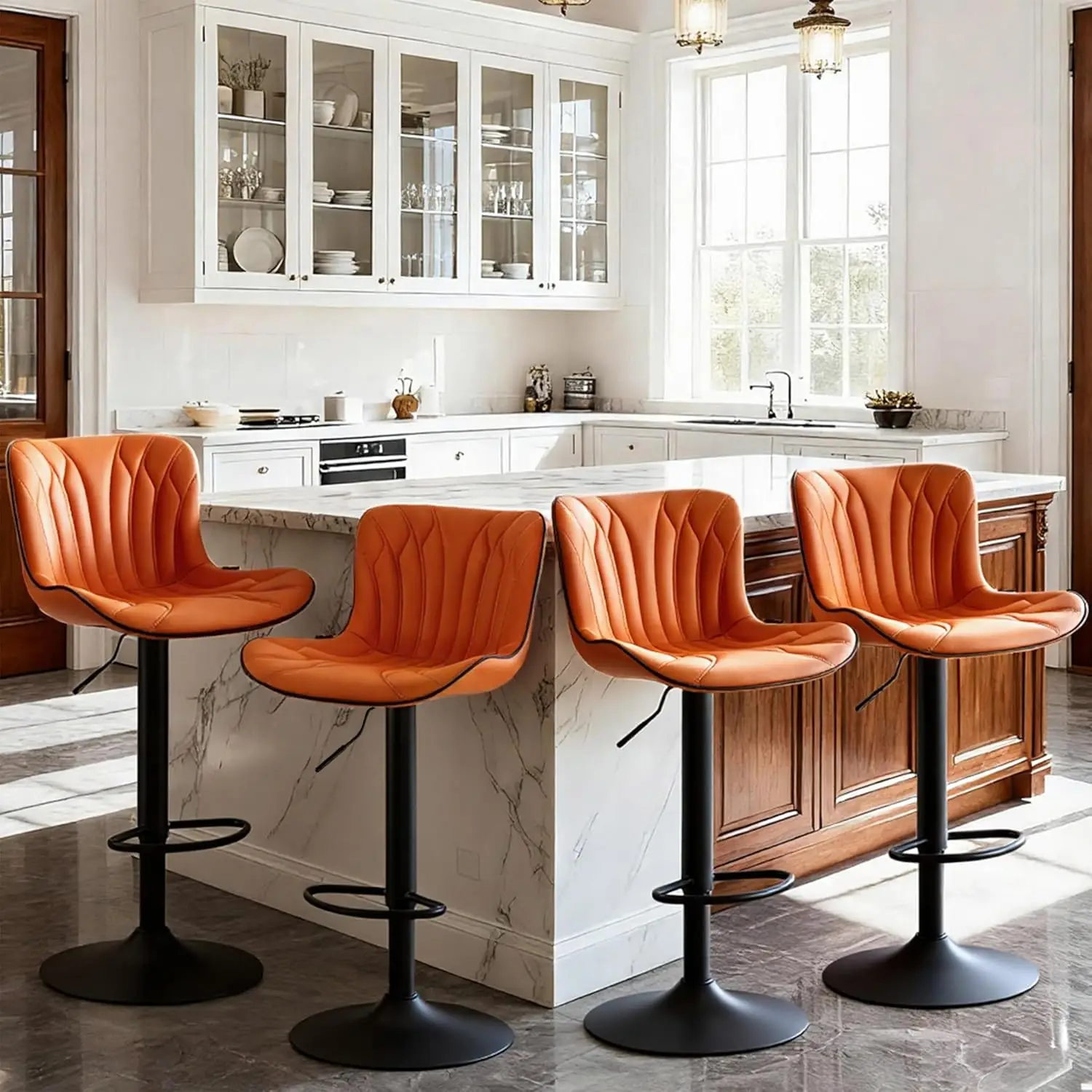 

Набор из 4 барных стульев, современные поворотные регулируемые стулья для барной стойки с спинкой, подставкой для ног и металлическим основанием, из искусственной кожи, на заказ