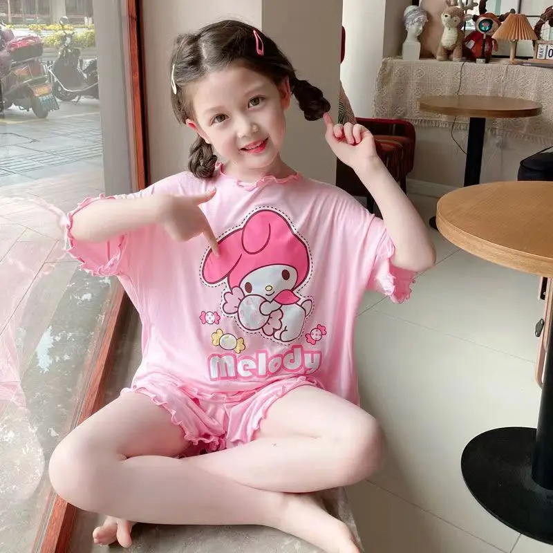 Kuromi Cinnamoroll Children\'s Pajamas Girls Summer Thin Short Sleeved Shirts Pants Suit My Melody Sanrio Kids Home Clothing Set