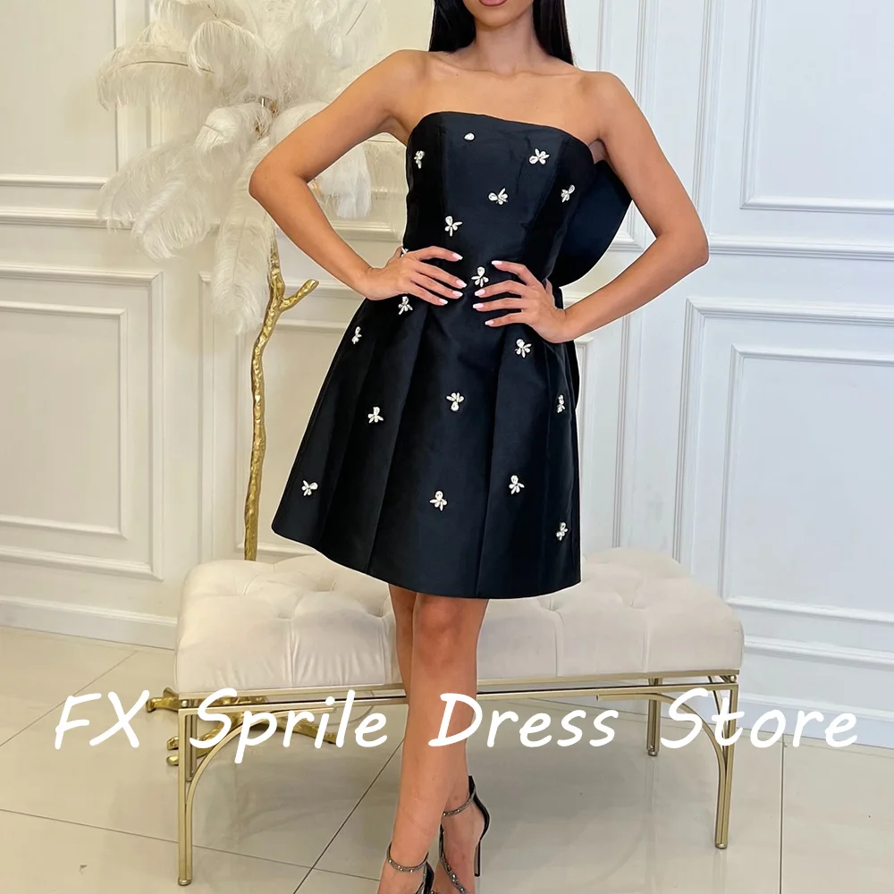 Strapless Beading Cocktail Dress A-Line Satin Sleeveless Bow Mini Length Solid Color Elegant Evening Dresses Custom Size Woman