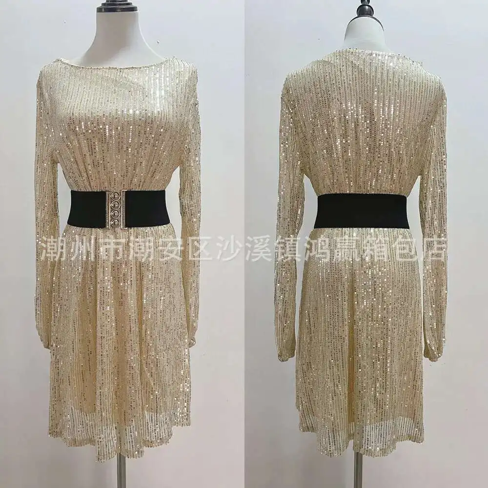 

New Fashion Versatile Luxurious Waist-Cinching Slimming Round Neck Heavy Beaded Sequin Embroidered Long Sleeve Dress for Women