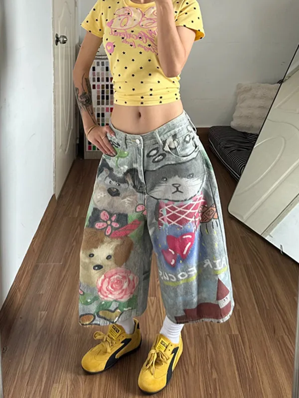 Y2K Cartoon Animal Graffiti Print Cropped Wide Leg Jeans Summer Loose Casual Trendy for Women