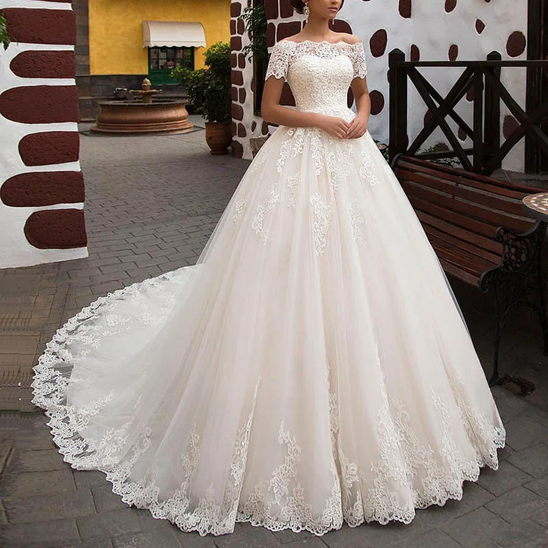 Elegant Beading Lace Long Train Wedding Dresses 2022 Ball Wedding Gown Vestidos De Noiva Robe De Mariage Bridal Dress Lace Train