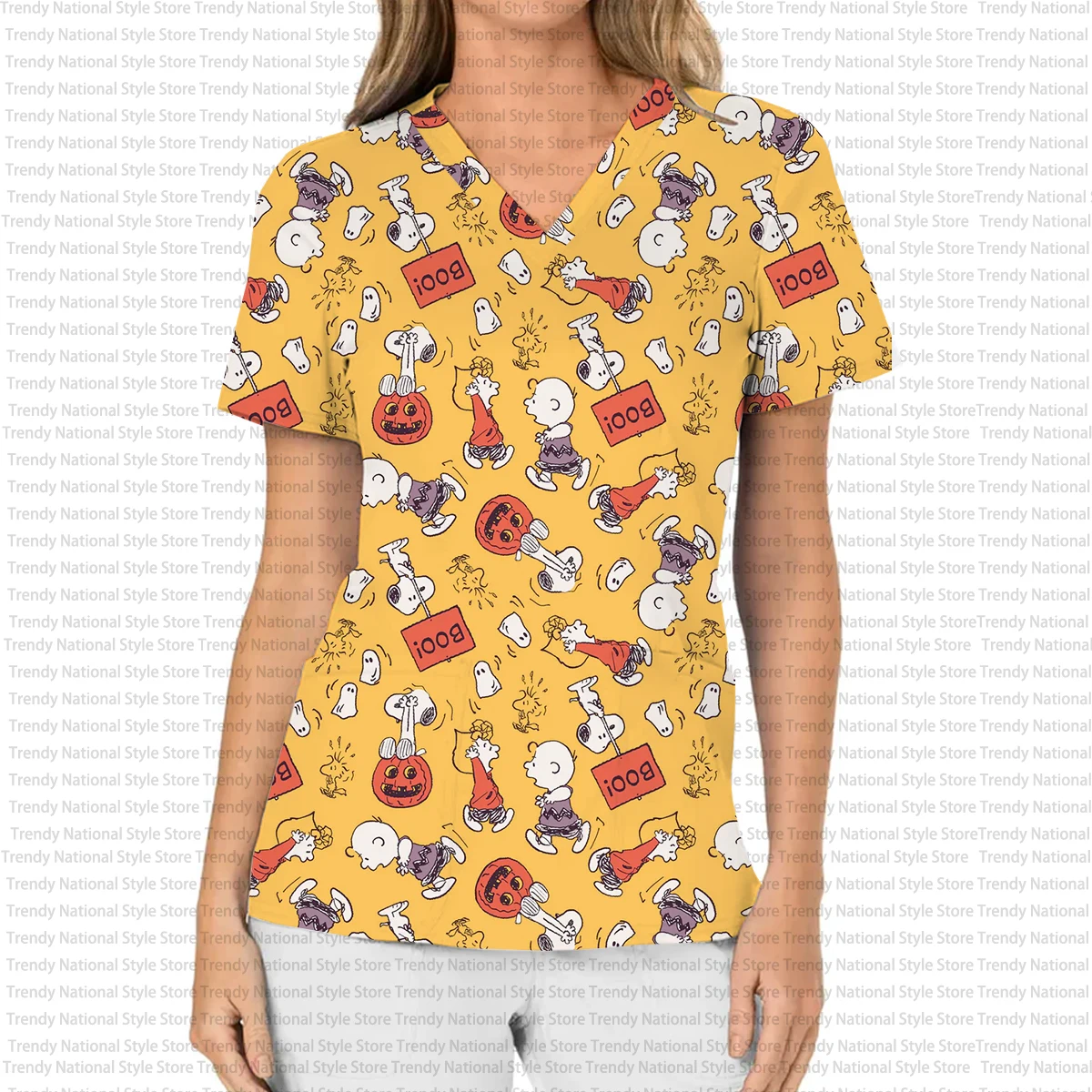 المرأة العمل موحدة الكرتون هالوين سنوبي فرك الأعلى مع جيب الخامس الرقبة تي شيرتات قصيرة الاكمام طباعة الأسنان الحيوانات الأليفة متجر أعلى