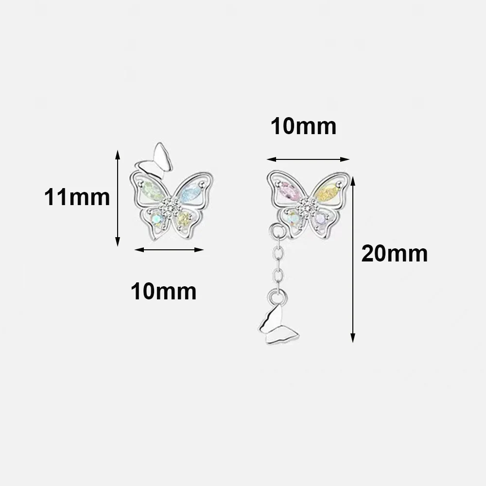 Real 925 Silver Colored Zircon Butterfly Tassel Stud Earrings Ring For Women Cute Insect Fine Jewelry Niche Design Accessories