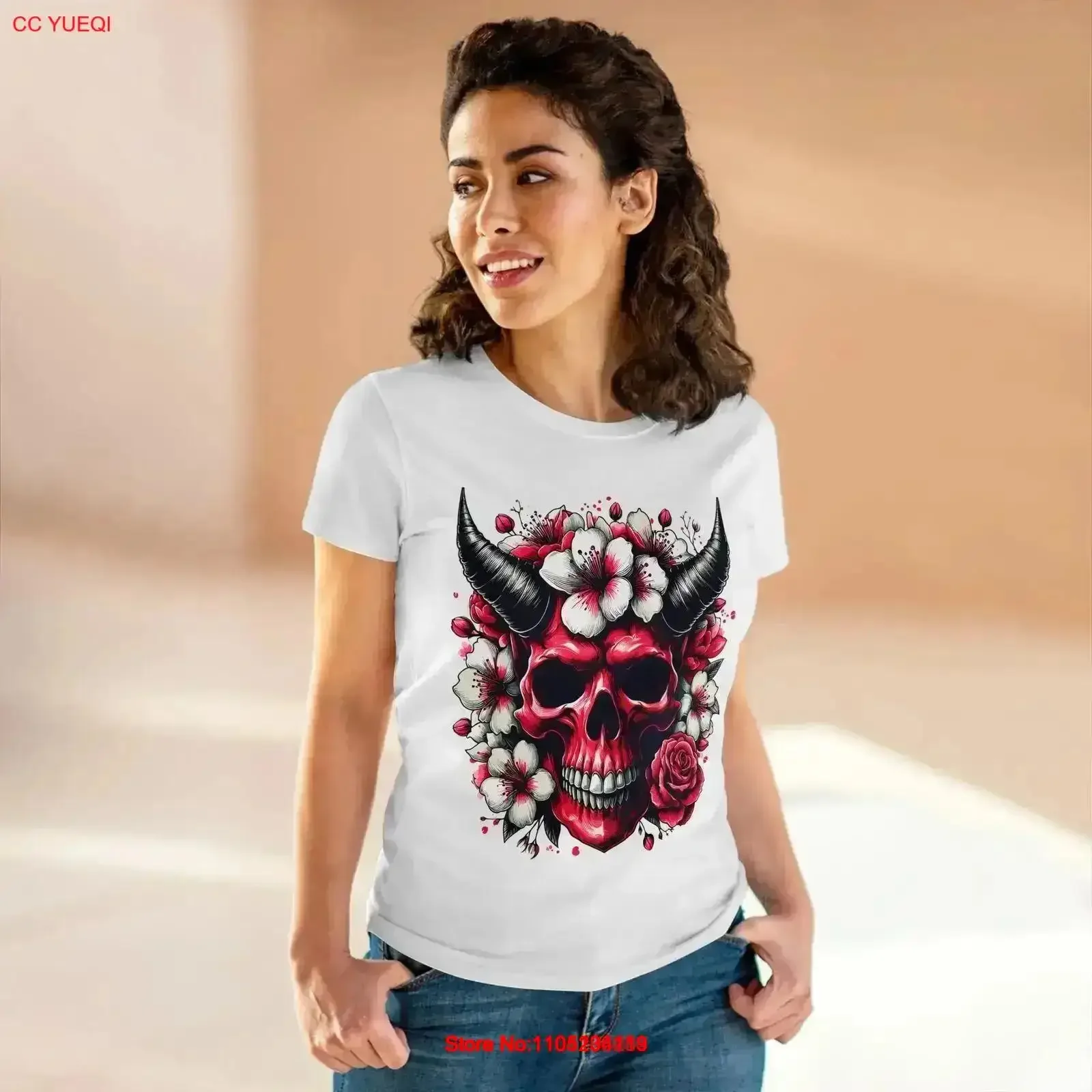 Demon Skull Floral Women's Midweight Cotton T Shirt vintage Washed fashion graphic designer clothes Slightly Breathable