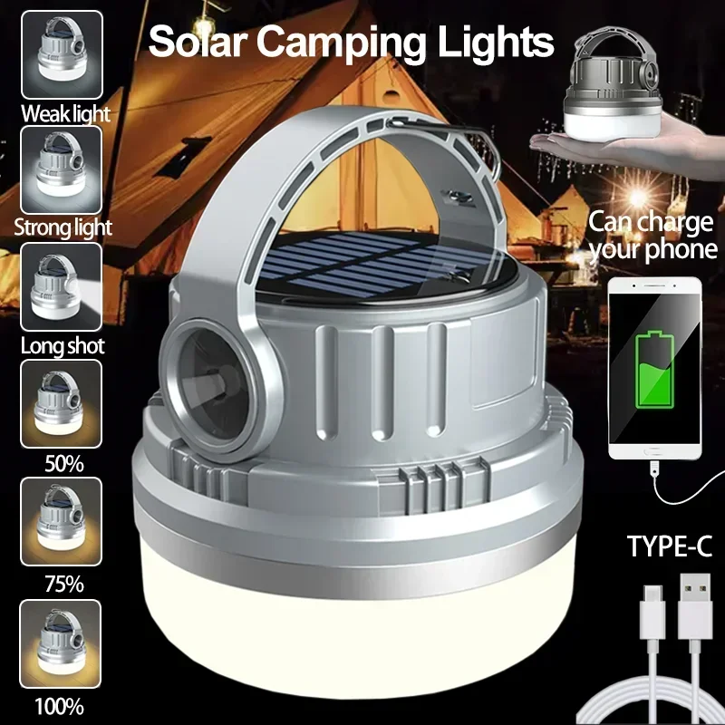 Solar & Type-C Rechargeable Camping Lantern - Portable Outdoor LED Lamp with Built-in Hanging Hook