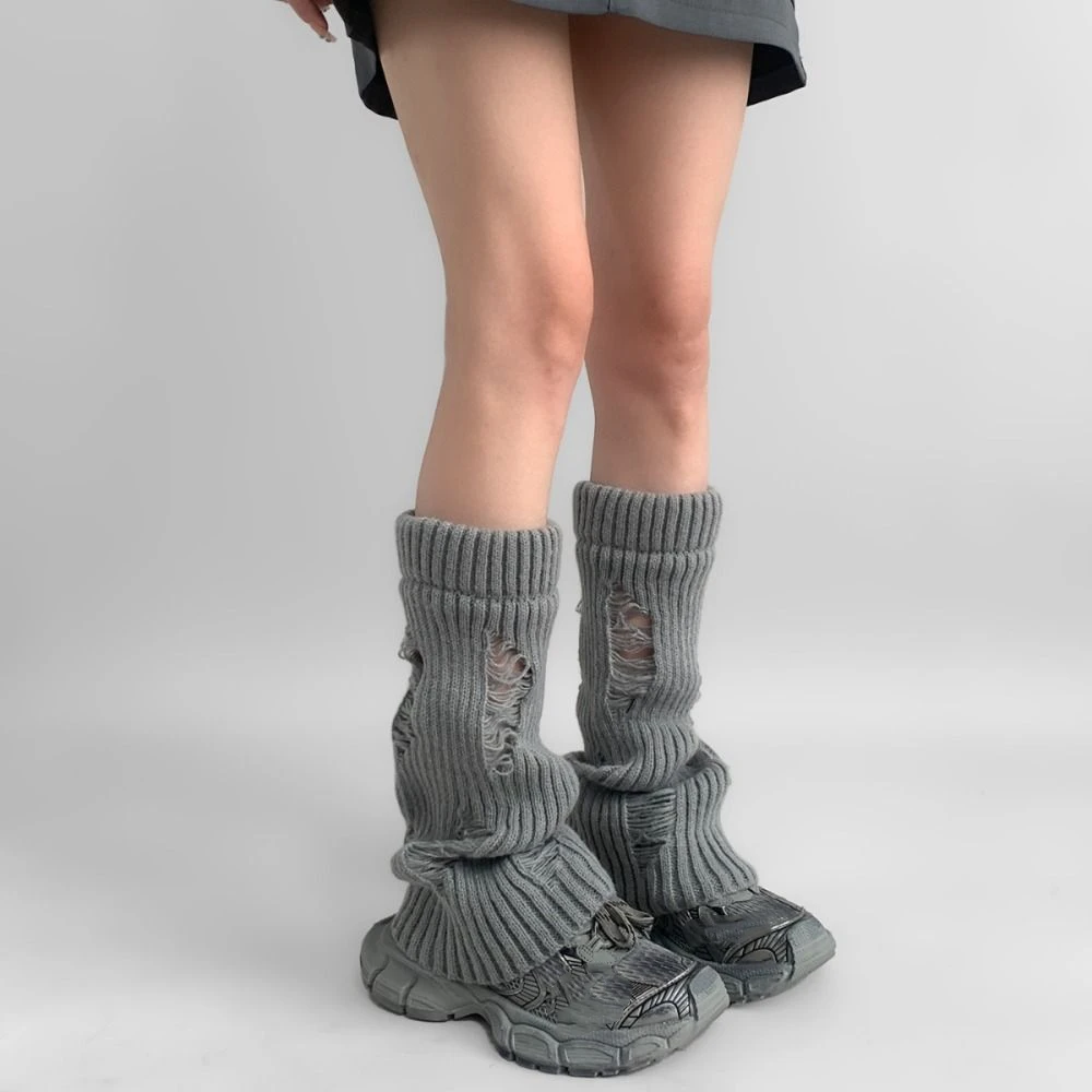 

Elastic Ripped Leg Warmers Women Subculture Warm Knitted Broken Hole Socks Stockings Pile Up Mid Tube Socks Streetwear