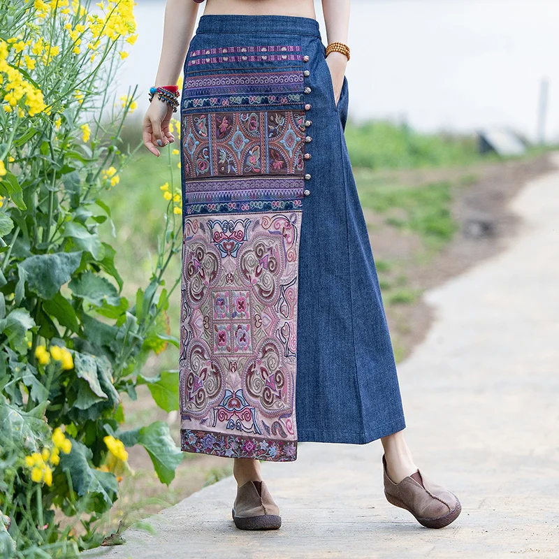 

New Women's Ethnic Embroidered Half Skirt Slim Fit Denim Patchwork mid Waist A-Line Skirt Commute Style Summer Collection