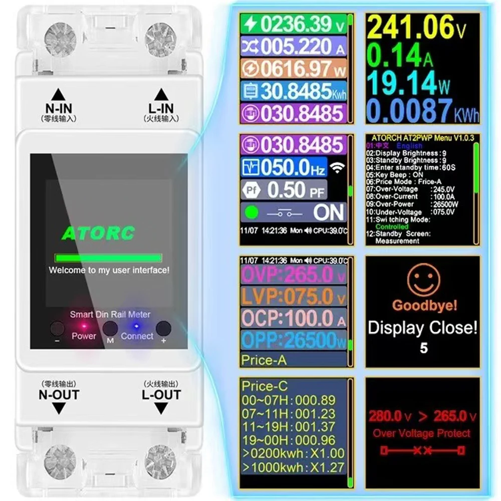 AT2PW WIFI Din Rail Energy Meter 100A Smart Switch Remote Control AC85-265V Digital Volt Amp Kwh Frequency Factor Meter