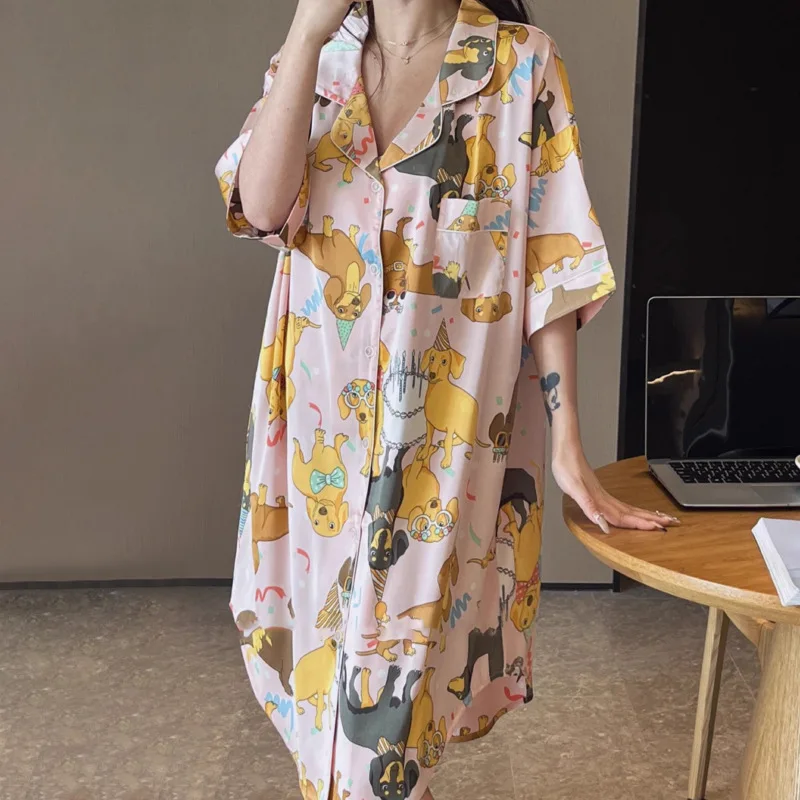 Summer Women Cardigan Pajamas Dress Ice Silk New Cartoon Animal Printed Nightgown Lapel Short Sleeves Nightdress Cool Night Gown