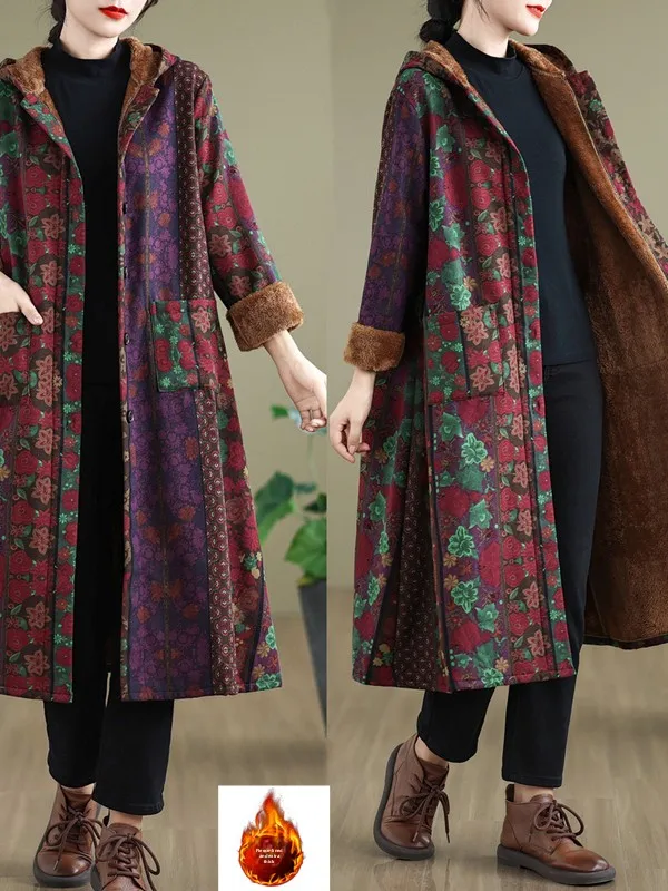 

Retro Print Cotton Linen Long Coat for Middle-Aged Women Thiened Winter Jaet with Hood Floral Patterned Ladies' Coat
